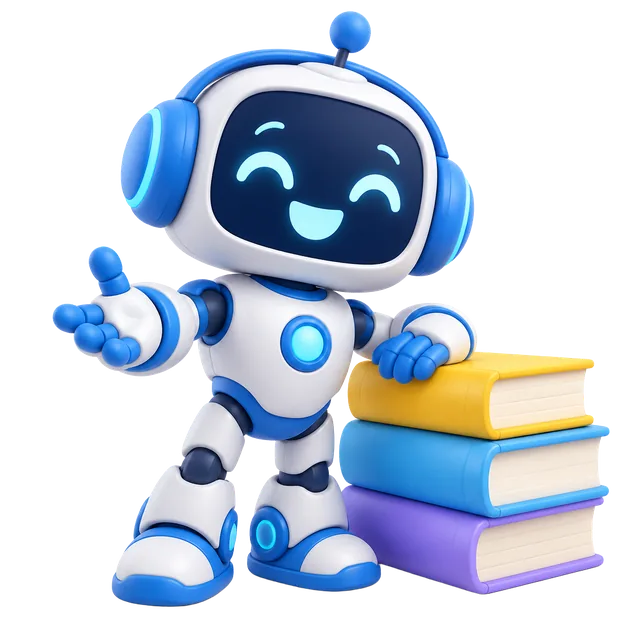 Prompt Bot, a friendly blue robot, standing with a stack of books